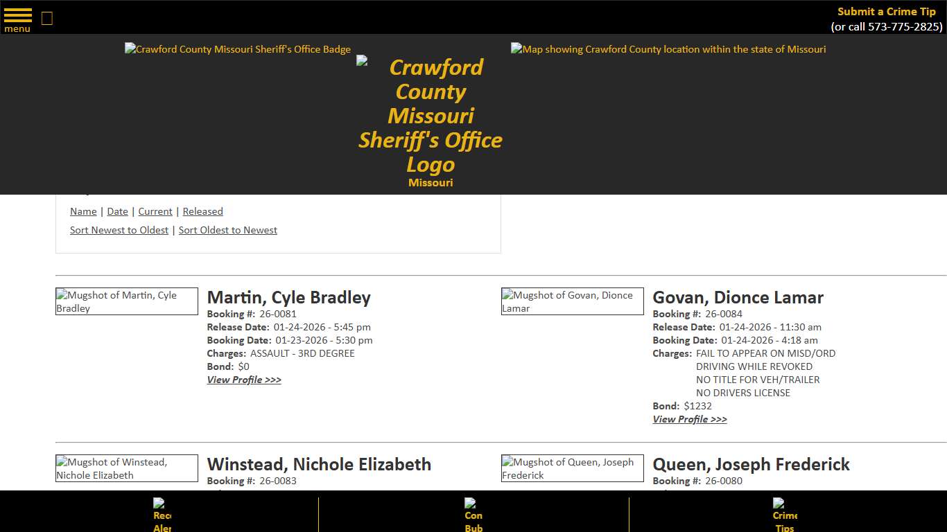 Inmate Roster - Released Inmates Booking Date Descending - Crawford County Sheriff MO